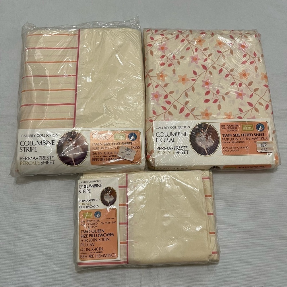 Vintage Twin Sheets Set Columbine Stripe Floral